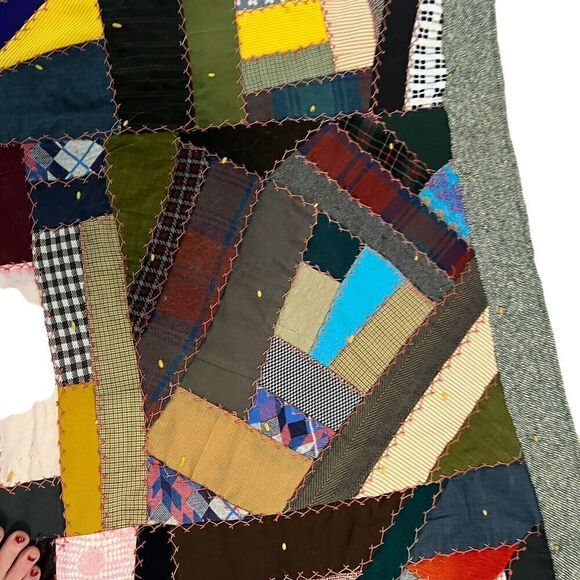 Vintage Handmade Crazy Quilt Patchwork Throw Mixed Fabrics Embroidered 1950s–70s - Picture 9 of 14